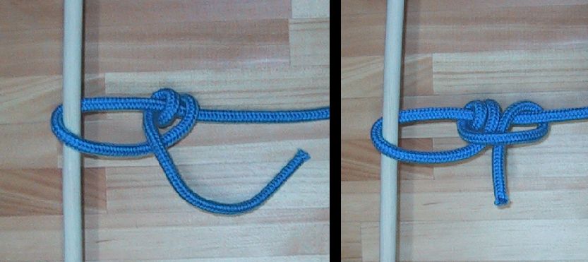 Photo of a taut-line hitch tied around a wooden dowel with blue cord, shown loose and then snugged tight